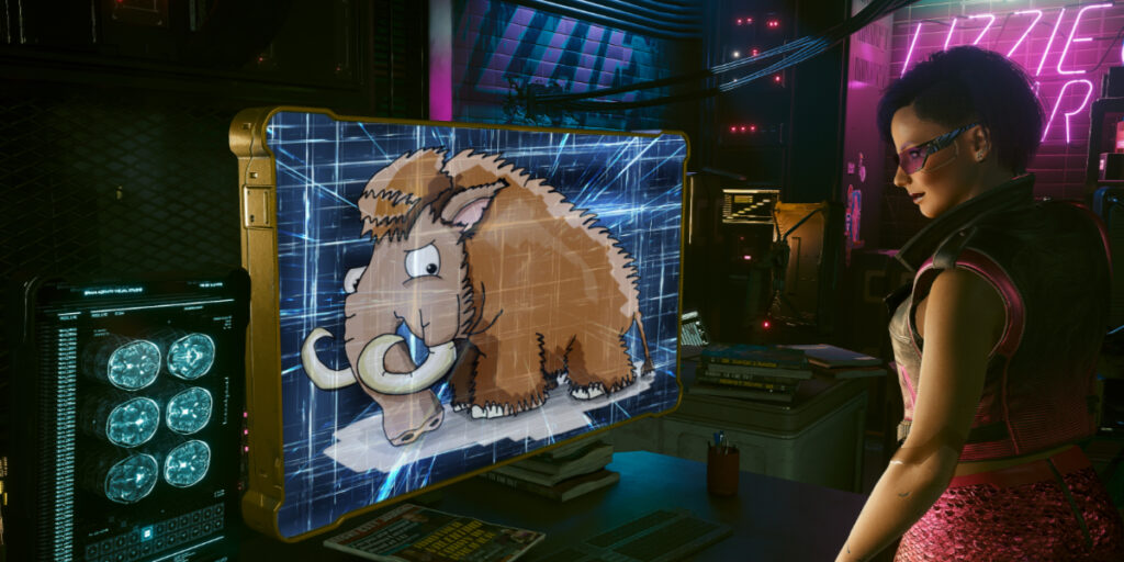 Bildmontage eines Screenshots aus dem Spiel Cyberpunk2077 mit einem Computer wo ein Mastodon-Cartoon eingefügt wurde.