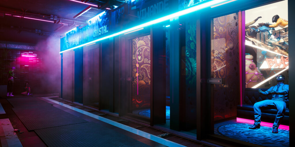 Braindance-Boxen im Rotlicht-Nachtklub Lizzies. Screenshot aus dem Spiel Cyberpunk2077
