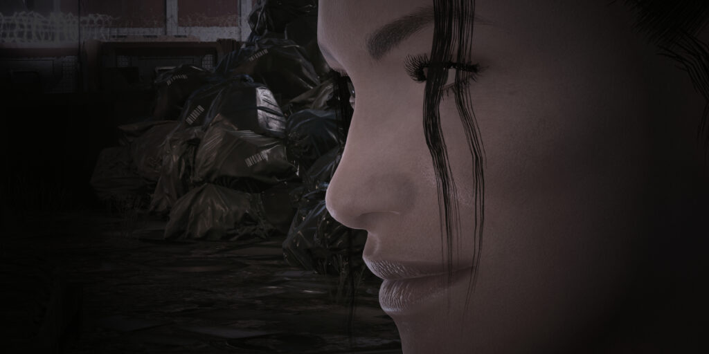 Dunkelhaarige Frau im Seitenprofil, im Hintergrund Abfall. Screenshot aus dem Spiel Cyberpunk2077