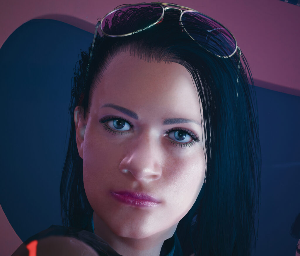 Dunkelhaarige Frau im Porträt. Screenshot aus dem Spiel Cyberpunk2077
