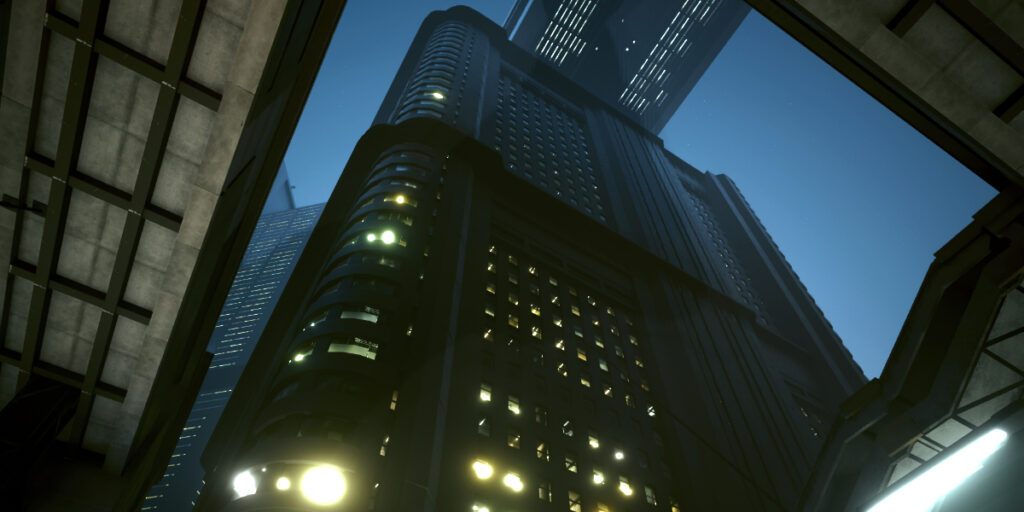 Düsteres hohes Haus in Night City. Screenshot aus dem Spiel Cyberpunk 2077
