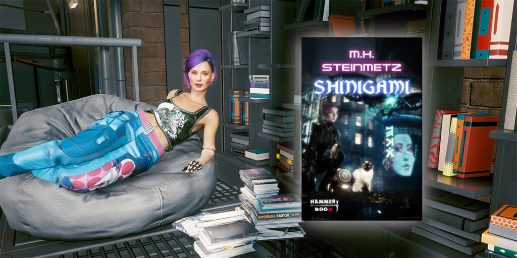 Cyberpunk V im Liegesessel vor dem Bücherregal und dem eingeblendeten Buch Buch Shinigami