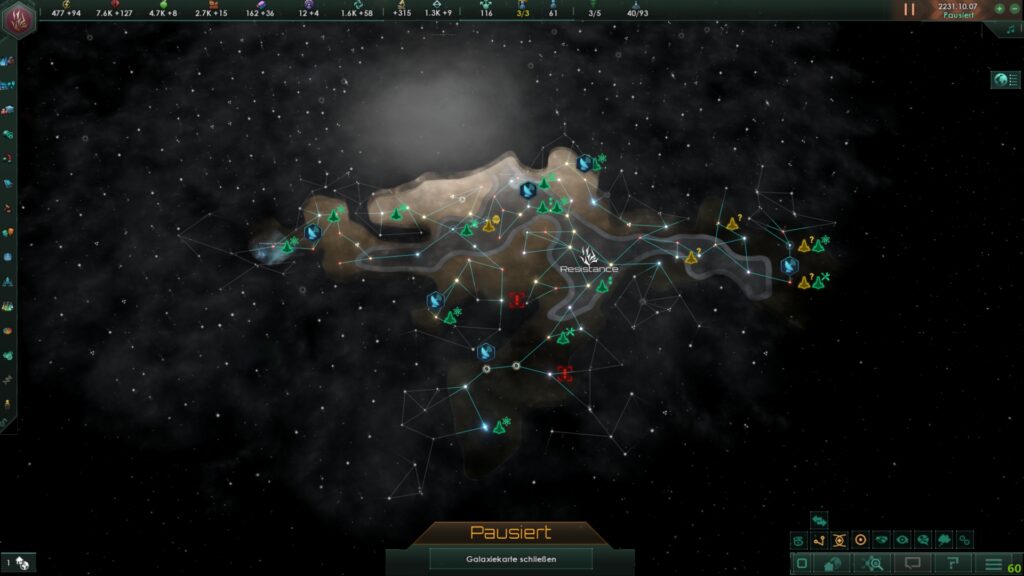 Screenshot aus dem Spiel Stellaris. Galaxiskarte nach dem ersten 30 Jahren.