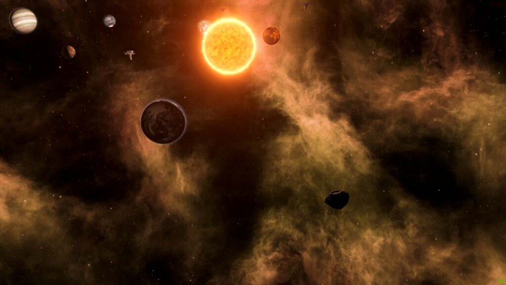 Screenshot aus dem Spiel Stellaris. Ein Asteroid im Weltraum nähert sich einer Welt.