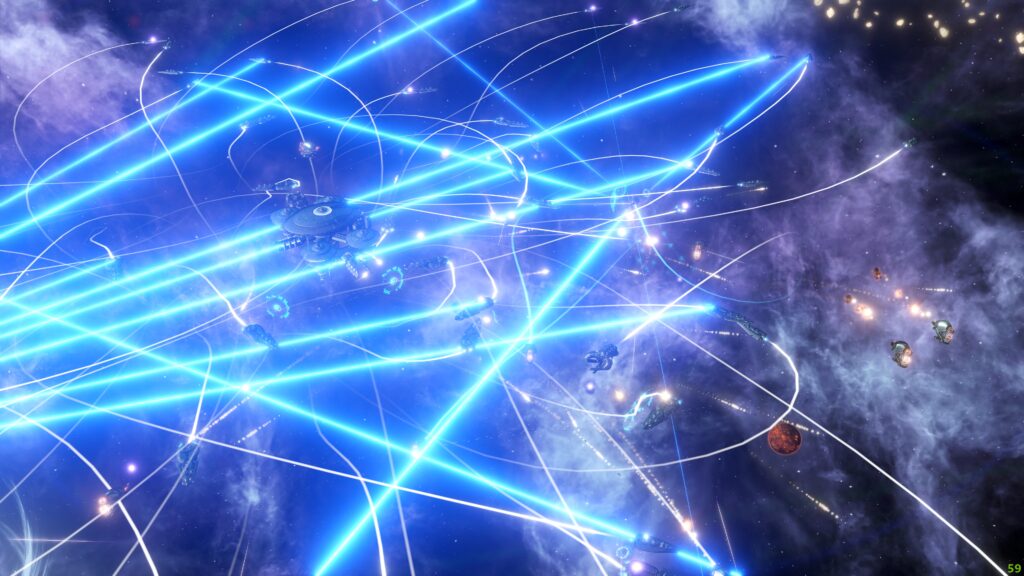 Screenshot aus dem SPiel Stellaris. Eine Raumschlacht
