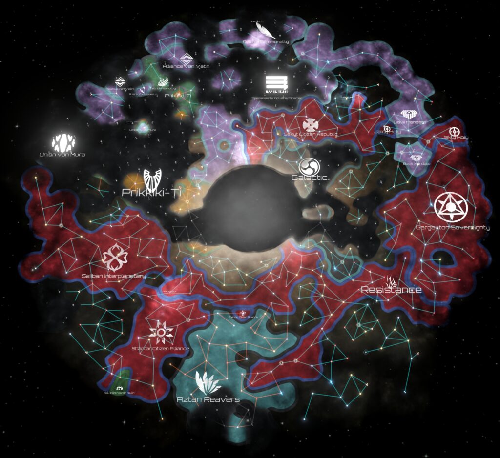 Galaxiekarte mit Übersicht der Völker. Screenshot aus dem Spiel Stellaris