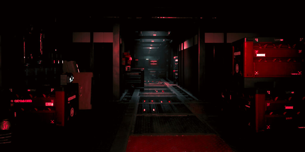 Dunkler Gang mit düsterem Rotlicht, Kisten stehen rum. Screenshot aus dem Spiel Cyberpunk2077