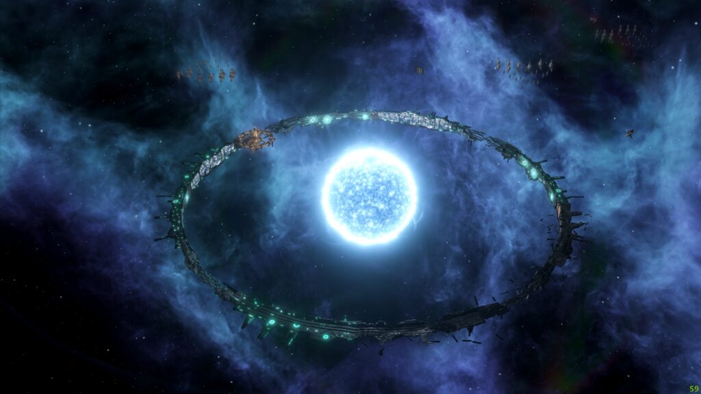 Screenshot aus dem Spiel Stellaris. Eine Ringwelt um eine grosse blaue Sonne und Raumschiffgruppen im Sonnensystem.