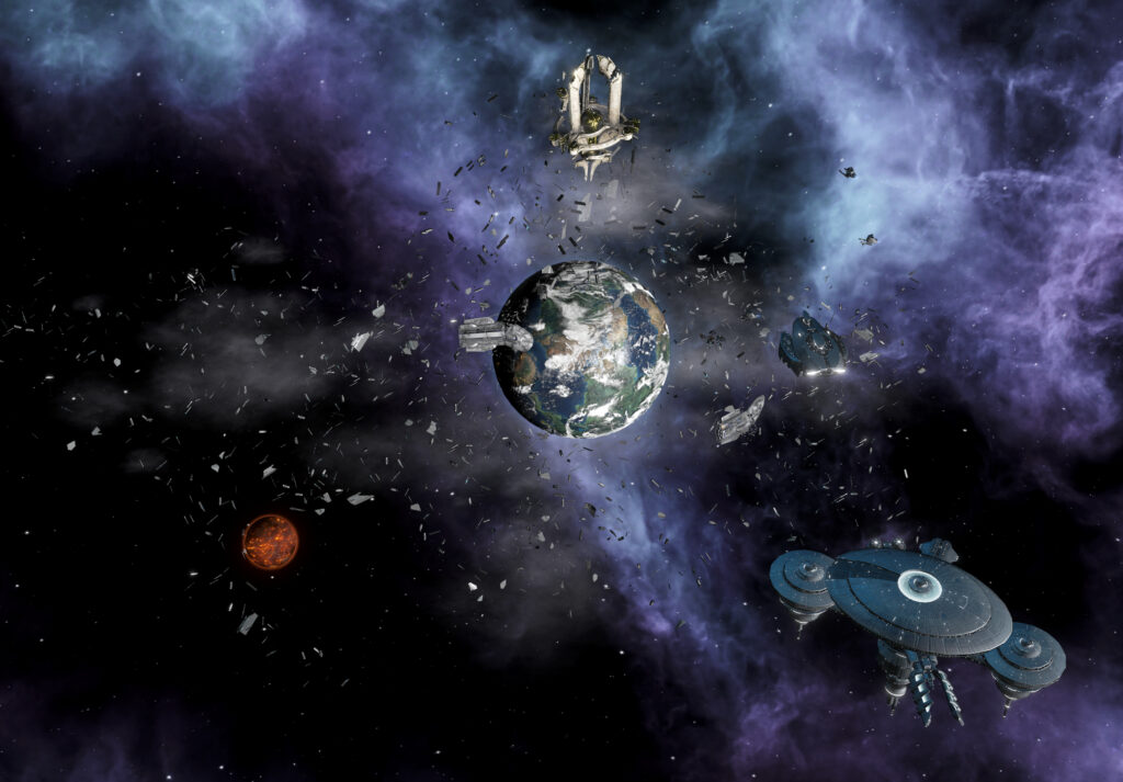 Screenshot aus dem Spiel Stellaris. Trümmergürtel um den Planeten und ein Konstruktionsschiff am Aufräumen