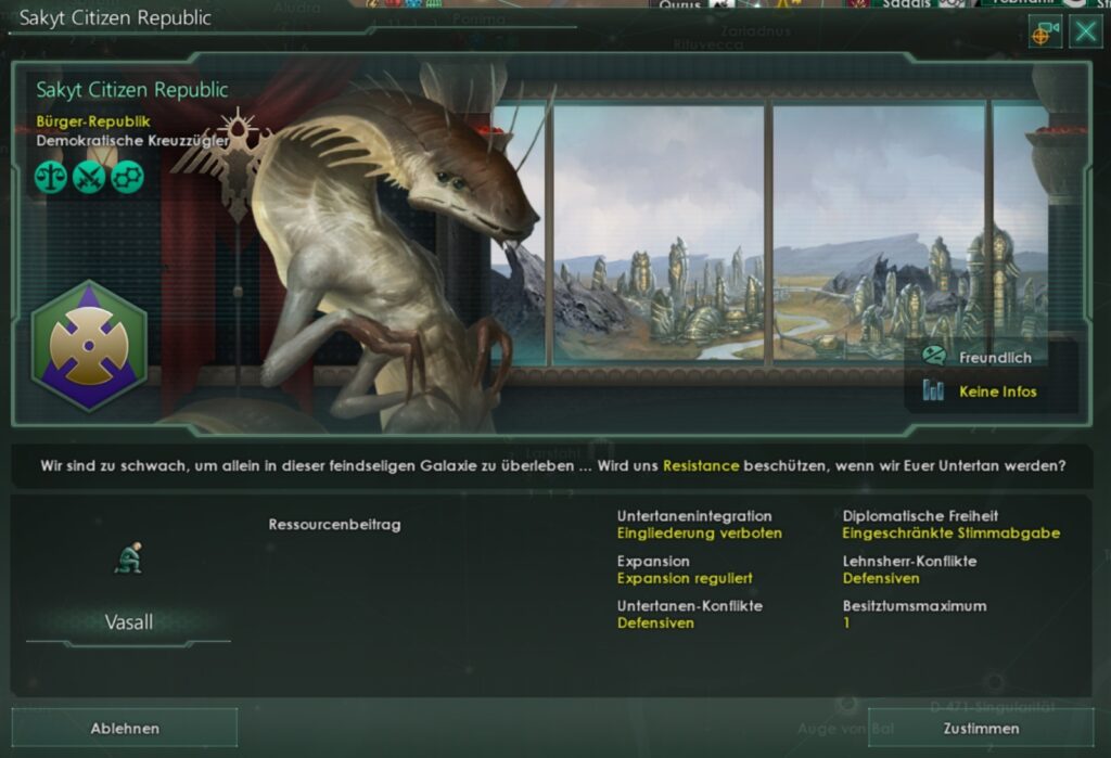 Screenshot aus dem Spiel Stellaris. Im Diplomatiefenster will eine Echsen-Alien-Rasse sich unterwerfen.