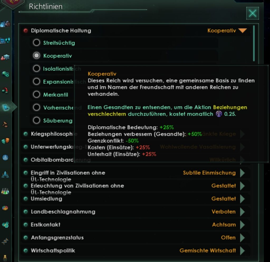 Screenshot aus dem Spiel Stellaris. Richtlinien-verwaltung