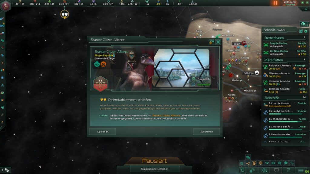 Screenshot aus dem Spiel Stellaris. Diplomatiefenster: Anfrage eines Alienvolkes für ein Defensivabkommen.