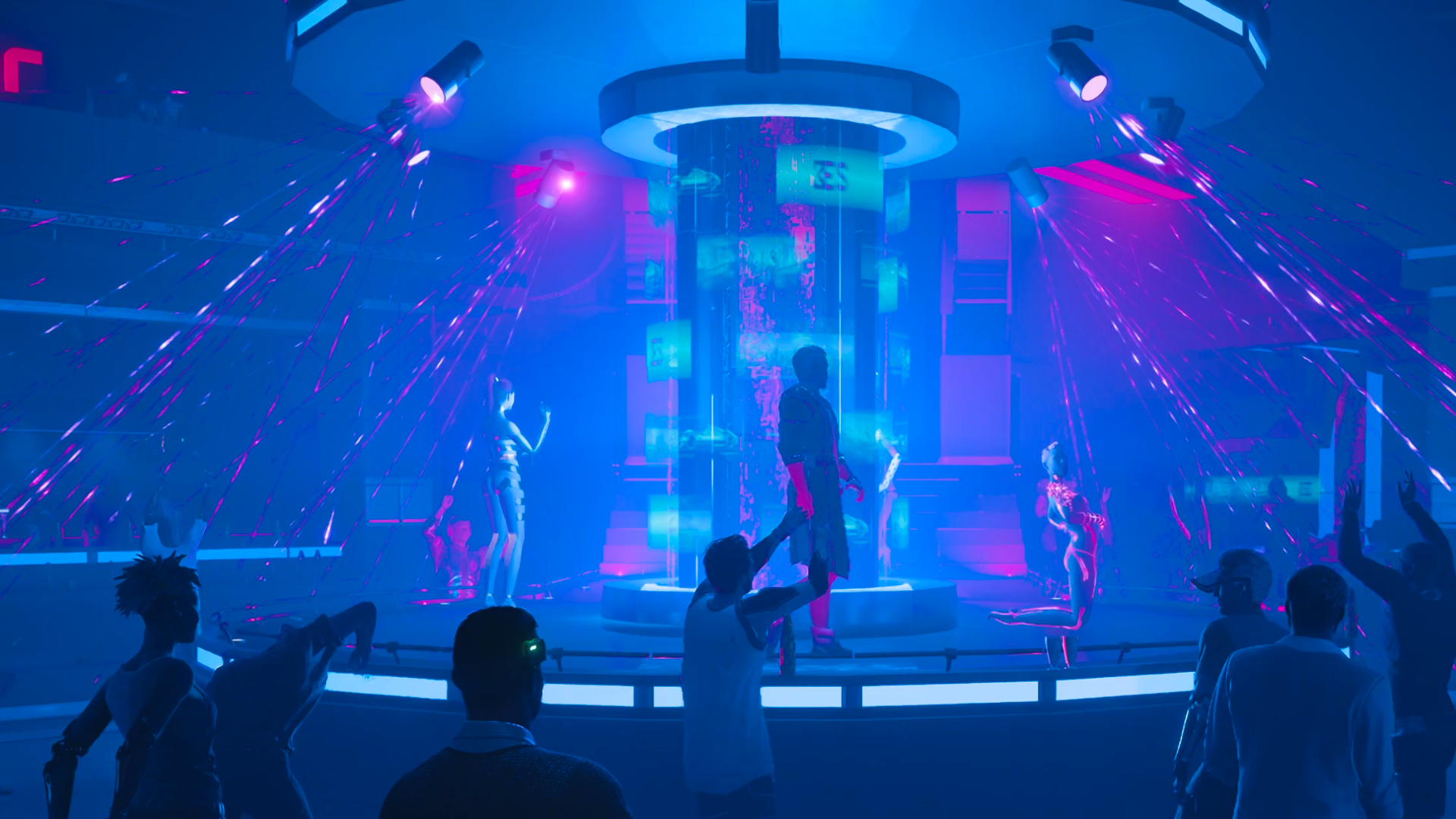 Screenshot aus dem Spiel Cyberpunk 2077. Ein Blick in den Braindance-Club Empathy. Auf einer Bühne tanzen Strupperinnen und ein Stripper.