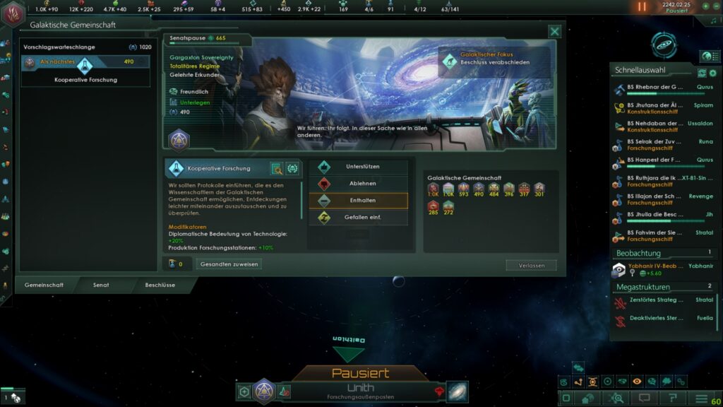 Screenshot aus dem Spiel Stellaris. Bild in das Fenster der Galaktischen Gemeinschaft.