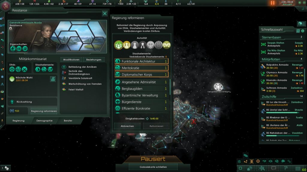 Screenshot aus dem Spiel Stellaris. Regierungsbildschirms: Wahl eines zusätzlichen Staatselementes.