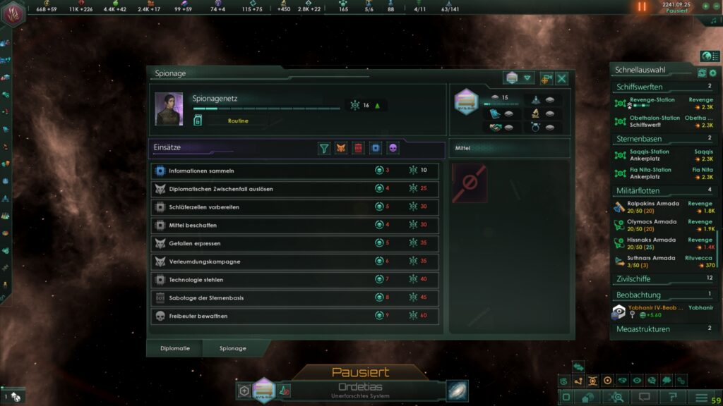 Screenshot aus dem Spiel Stellaris. Diplomatiefenster: Spionageübersicht