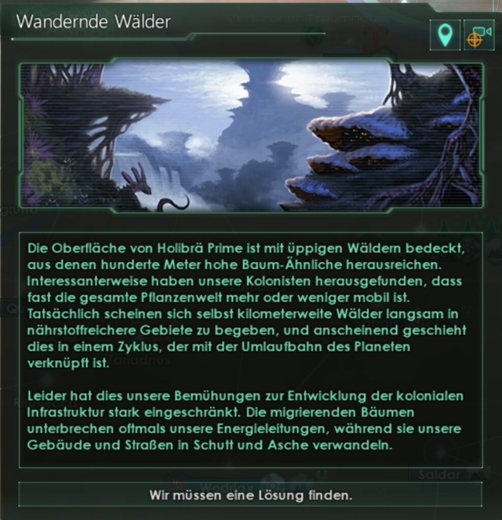 Text über das Ereignis Wandernde Wälder. Screenshot aus dem Spiel Stellaris.
