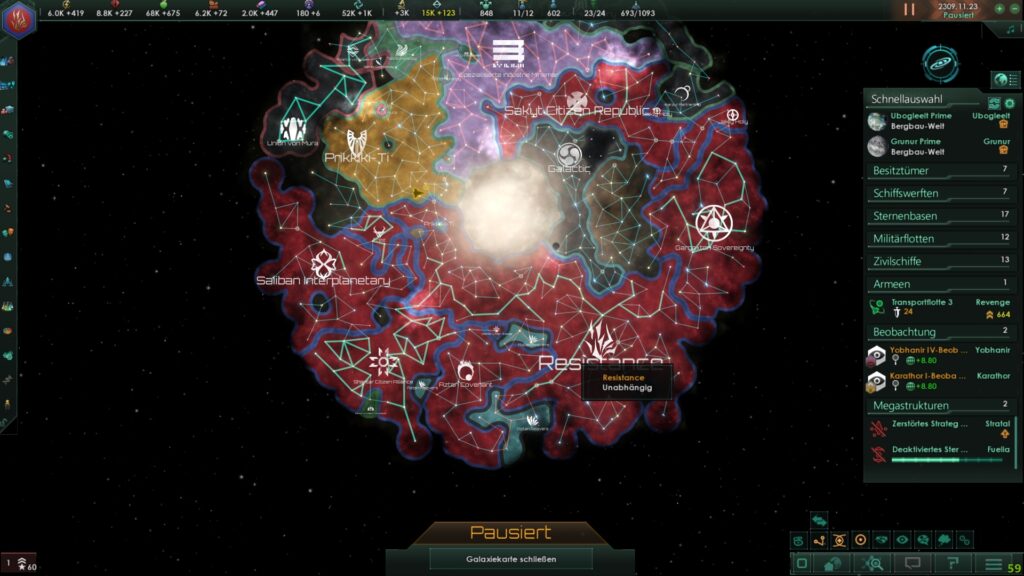 Reichsübersicht der Galaxis. Immer mehr verfärbt sich rot, weil die Reiche Vasallen des Spielerreiches werden. Screenshot aus dem Spiel Stellaris.