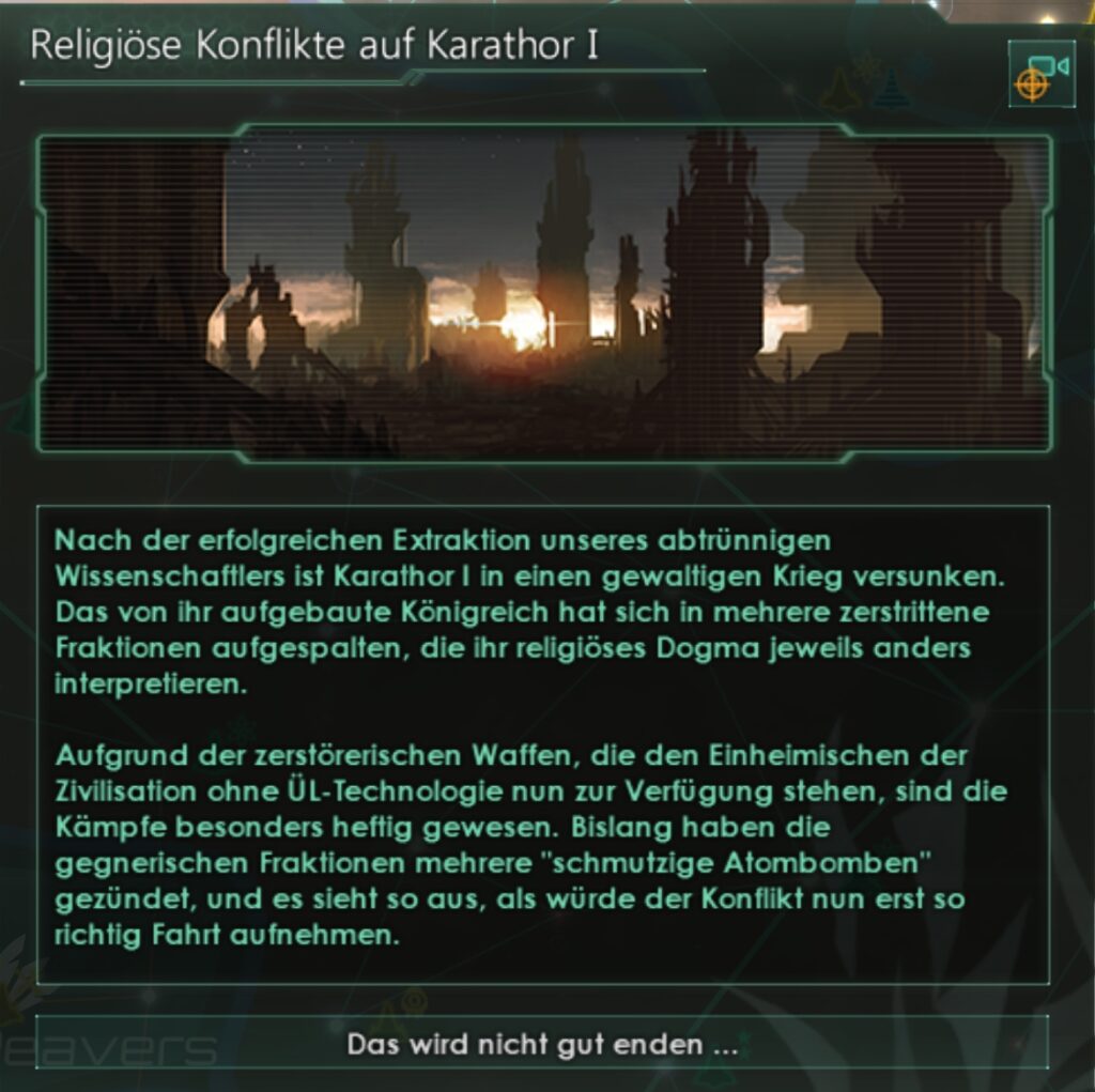 Ereignisnachricht über eine primitiven Zivilisation im Krieg. Screenshot aus der Spiel Stellaris.