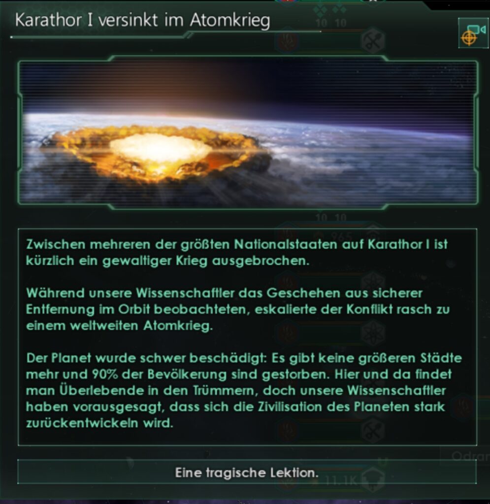 Ereignisnachricht über eine primitiven Zivilisation im Atomkrieg. Screenshot aus der Spiel Stellaris.
