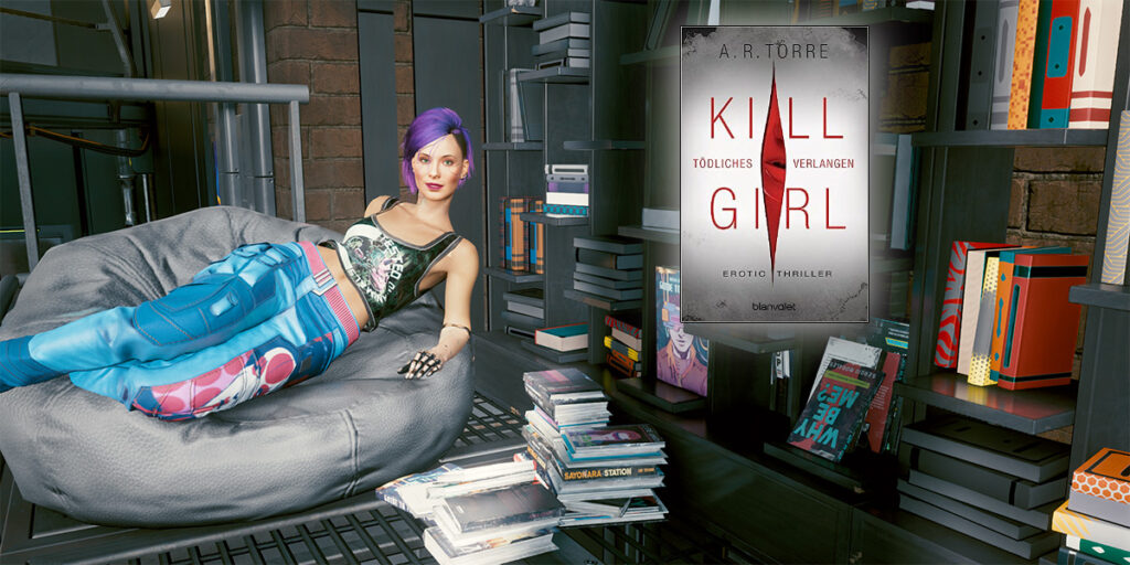 Cyberpunk V im Liegesessel vor dem Bücherregal und dem Buch Kill Girl