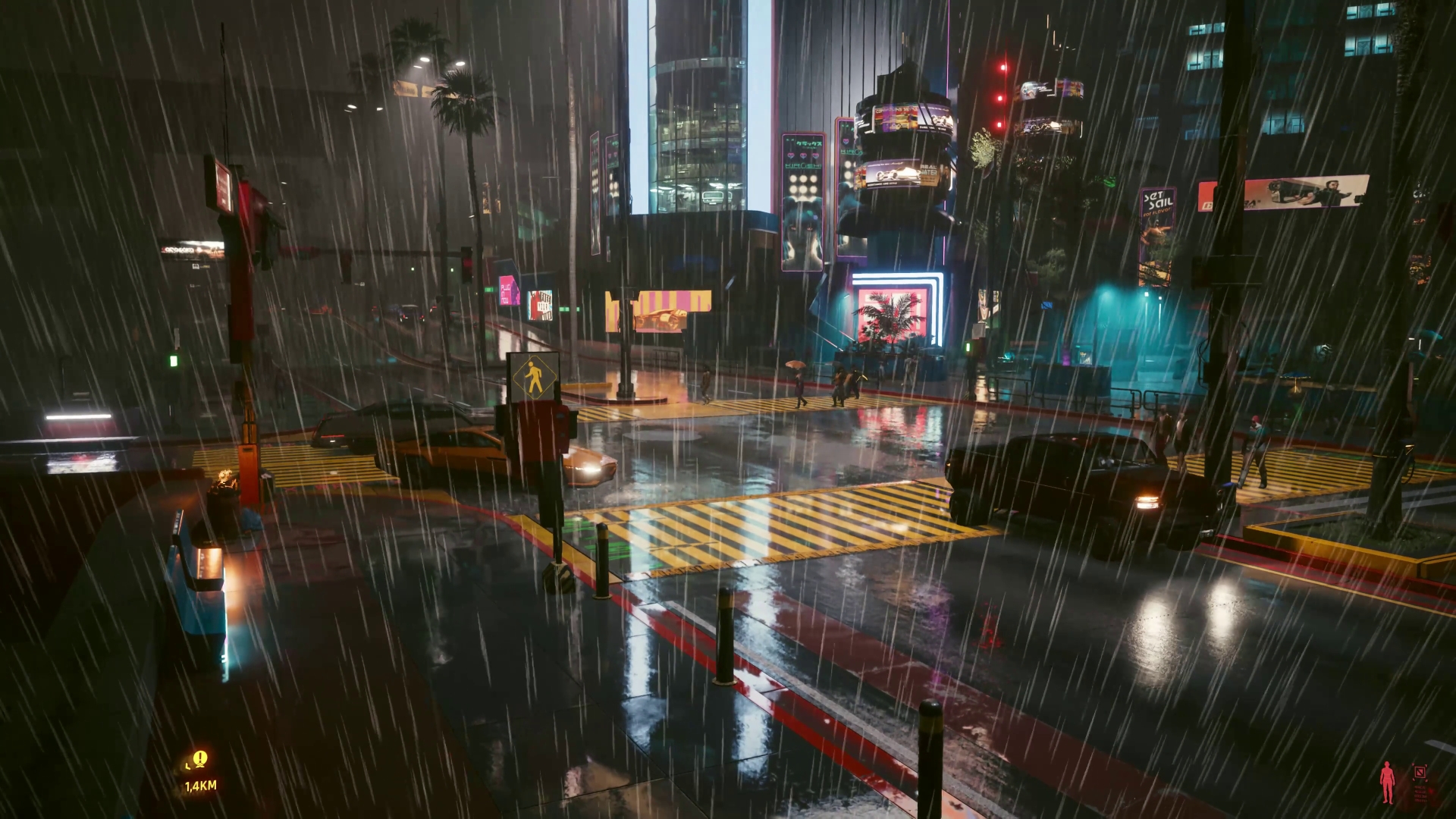 Verregnete Strasse von Night City in der Nacht. Screenshot aus dem Spiel Cyberpunk 2077.
