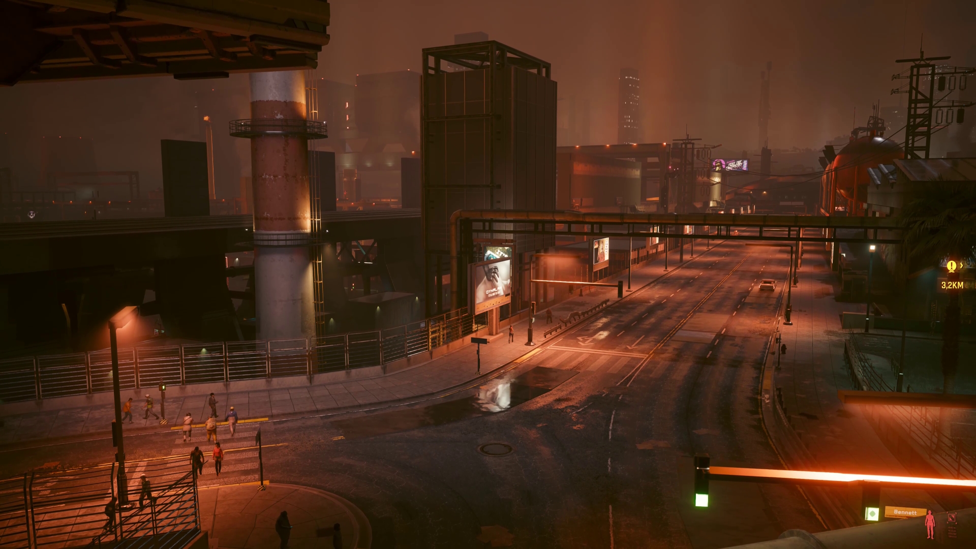 Strasse des Industriebezirks Northside in Night City bei Nacht. Screenshot aus dem Spiel Cyberpunk 2077