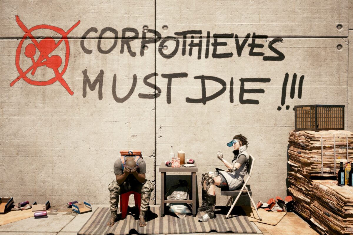Zwei verzweifelte Obdachsole zwischen Abfall vor einer Wand mit dem Graffity: Corpothieves Must Die. Screenshot aus dem Spiel Cyberpunk 2077.