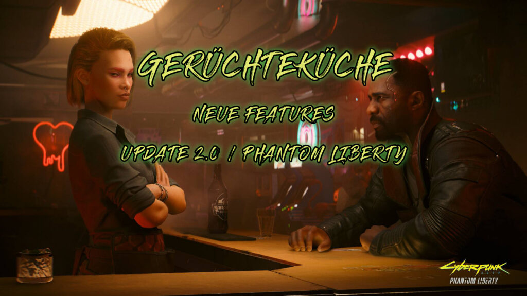 Screenshot aus dem Spiel Cyberpunk2077. Mann und Frau stehen sich am Bartresen gegenüber.