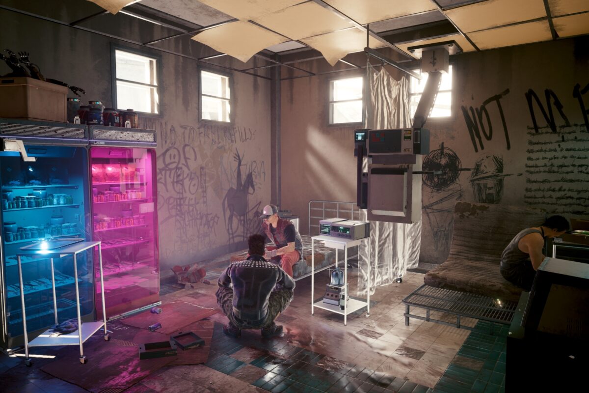 Heruntergekommenes schmutziges Krankenzimmer in einer Ruine von Night City. Screenshot aus dem Spiel Cyberpunk2077