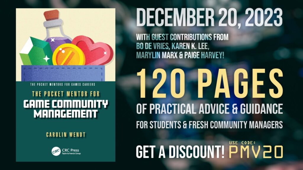 Cover des Buches The Pocket Mentor for Game Community Management von Carolin Wendt und der Ankündigung des Verkaufstarts am 20. Dezember 2023